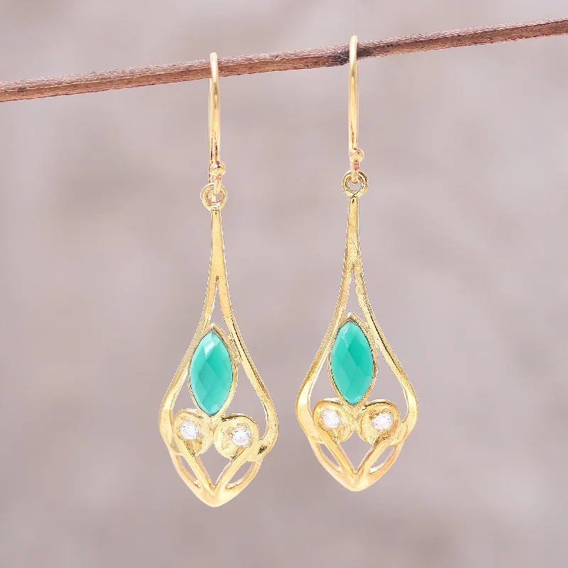 Hoop earrings with faceted crystals for added sparkle and shine-Bejeweled Rain Drops Gold Plated Green Onyx and Cubic Zirconia Dangle Earrings