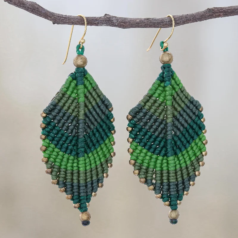 Hoop earrings with spiral designs for a dynamic and fluid look-Boho Leaves in Green Green Leaf Waxed Cord Macrame Dangle Earrings