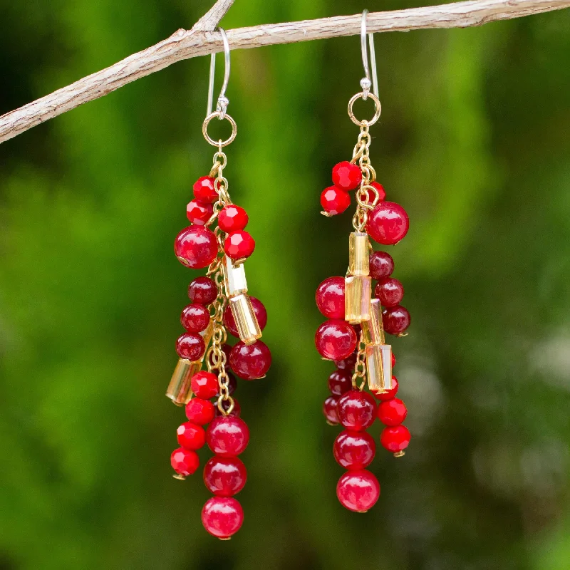 Best hoop earrings with geometric shapes for a modern and artistic appeal-Brilliant Cascade Beaded Red Quartz Earrings on 24k Gold Plated Chains