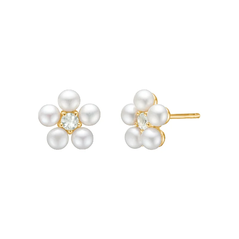 Hoop earrings with twisted leather for a chic and modern boho look-Reef 18K Gold Plated Flower Studs w. Prasiolite & Pearls