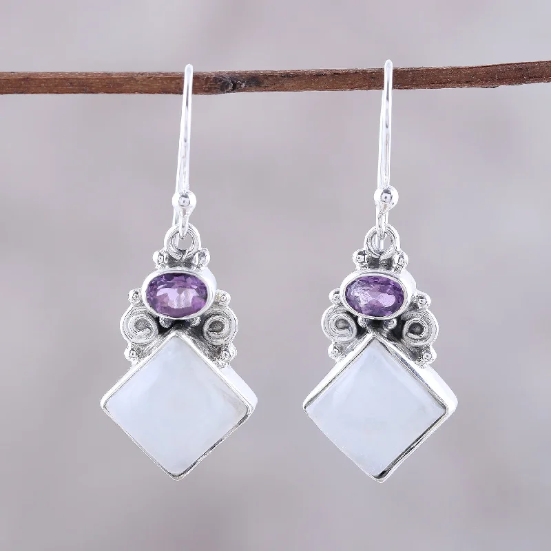 Best hoop earrings with matte finish for a sophisticated, understated design-Cloud Fragments Sterling Silver Rainbow Moonstone Amethyst Dangle Earrings