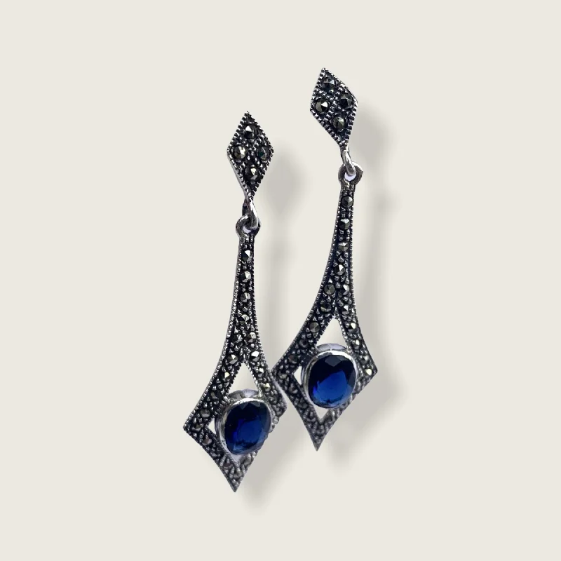 Hoop earrings with pearl accents for a chic and classic style-Sapphire Blue Art Deco Spear Earrings in Silver and Marcasite