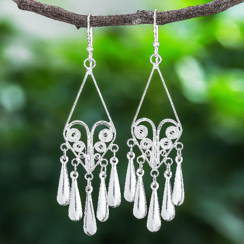 Hoop earrings with artistic filigree designs for an intricate, delicate finish-Diamond Fountains Handmade Sterling Silver Filigree Dangle Earrings