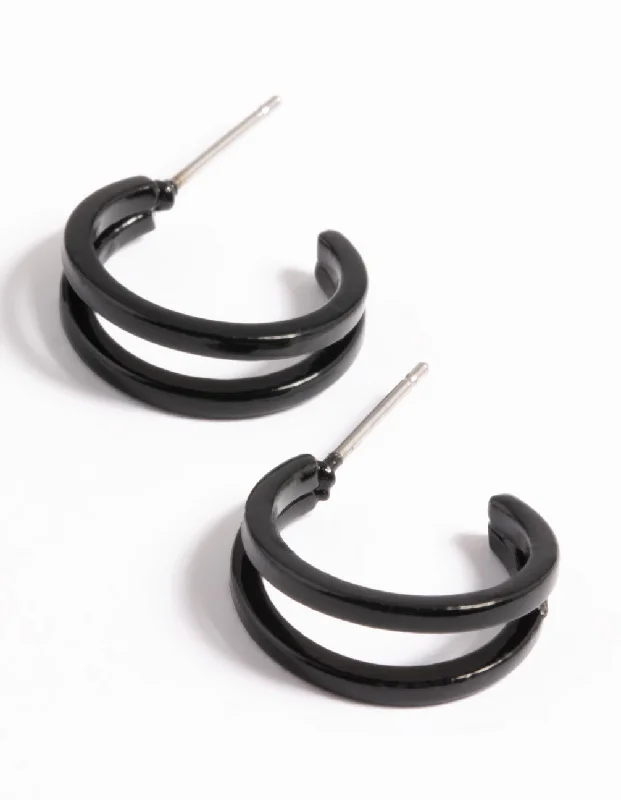 Best hoop earrings with asymmetrical designs for a fashion-forward, avant-garde look-Black Double Huggie Hoop Earrings