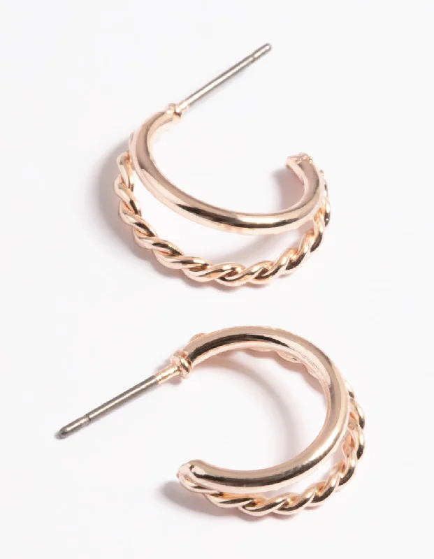 Hoop earrings with hammered copper for a warm and rustic aesthetic-Rose Gold Plain & Twist Double Huggie Earrings