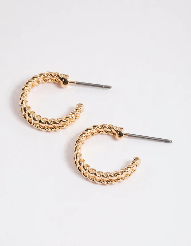 Best hoop earrings with geometric hexagon shapes for a modern, angular look-Gold Double Twisted Huggie Earrings