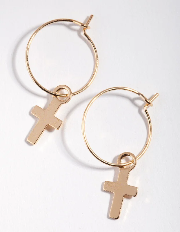 Hoop earrings with satin finishes for a smooth and elegant appearance-Gold Simple Cross Hoop Earrings