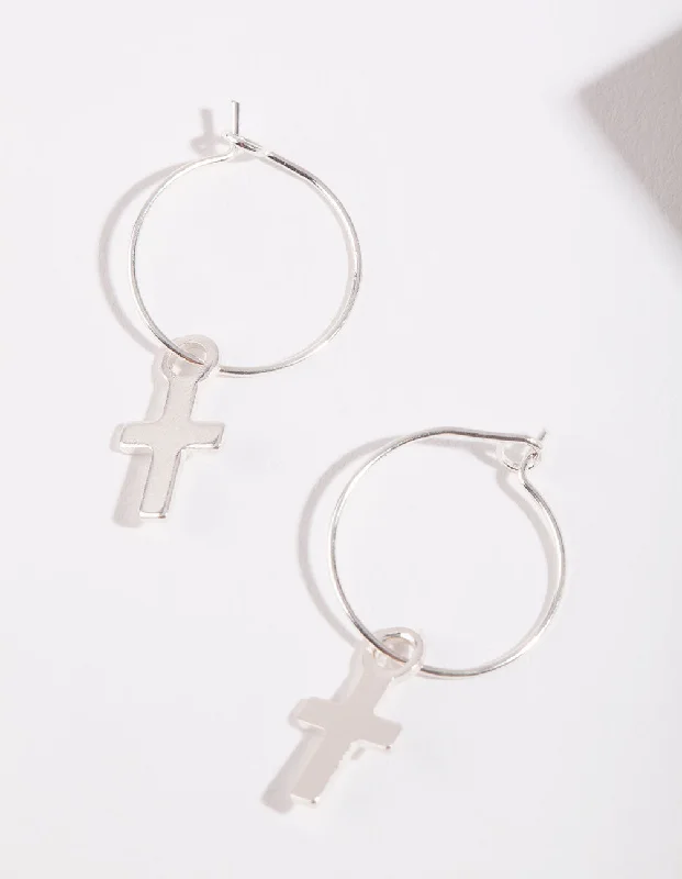 Hoop earrings with pearl accents for a chic and classic style-Silver Cross Hoop Earrings