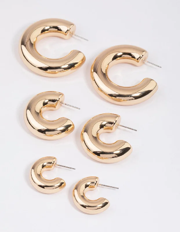 Best hoop earrings with crescent-shaped designs for a bold, moon-inspired style-Gold Thick Smooth Hoop Earrings Pack