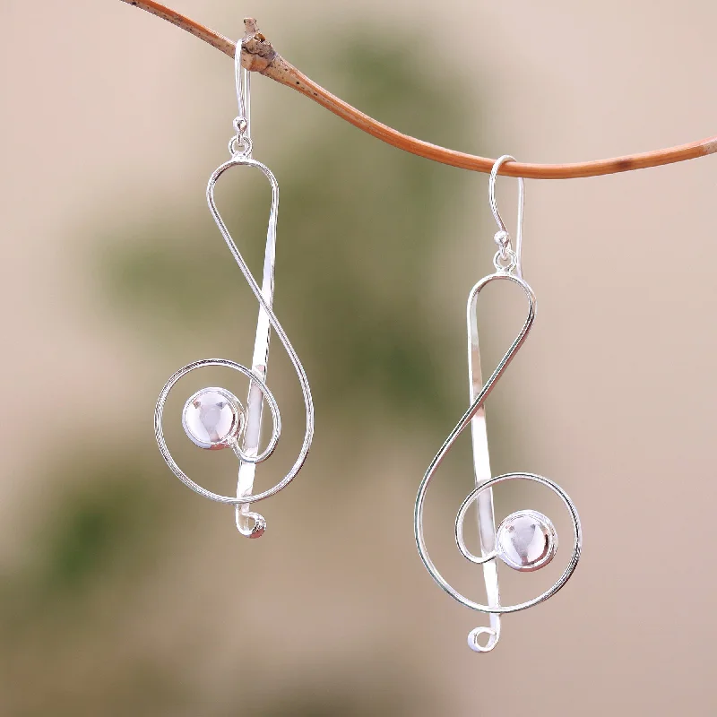 Best hoop earrings with lever-back closures for secure and easy wear-Gleaming Melody Sterling Silver Treble Clef Dangle Earrings from Bali