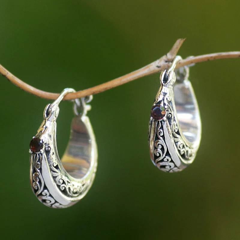 Hoop earrings with cut-out designs for a creative and lightweight effect-Glimpse of Elegance Swirl Pattern Garnet Hoop Earrings from Java