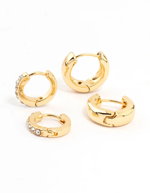 Hoop earrings with snake print designs for an edgy, wild appearance-Gold Plated Diamante & Plain Huggie Earrings 2-Pack