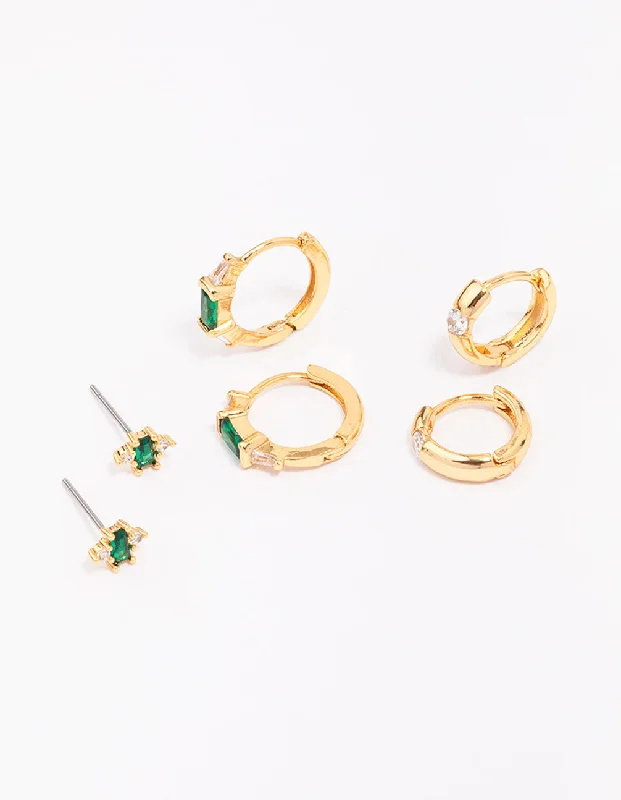 Best hoop earrings with matching bracelets for a coordinated jewelry set-Gold Plated Emerald Boho Baguette Earring 3-Pack