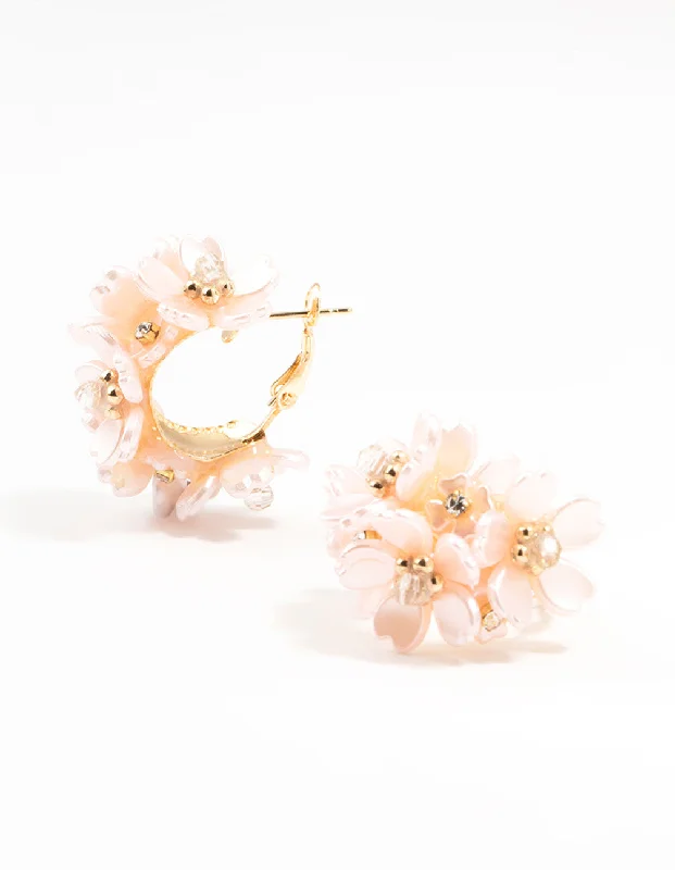 Best hoop earrings with hammered gold for a rustic yet elegant look-Gold Plated Flower Cluster Hoop Earrings