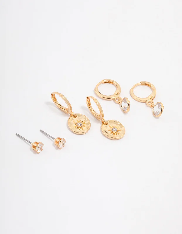 Hoop earrings with textured finishes for a vintage and classic style-Gold Plated Molten Star Drop Earring 3-Pack