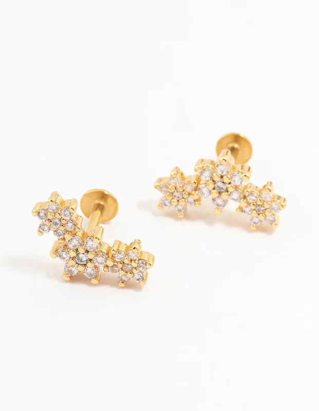 Hoop earrings with faceted crystals for added sparkle and shine-Gold Plated Surgical Steel Flower Trio Flat Backs 2-Pack