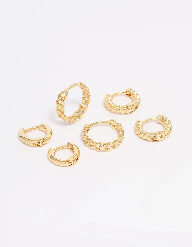 Hoop earrings with twisted leather for a chic and modern boho look-Gold Plated Fine Hoop Earring 3-Pack