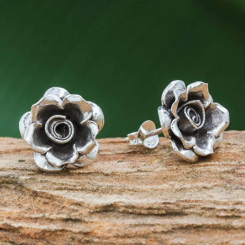 Best hoop earrings with snake chain details for a sleek and modern touch-Hill Tribe Roses Thai Karen Hill Tribe Silver Flower Theme Button Earrings