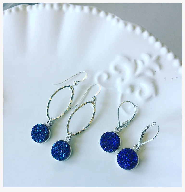 Hoop earrings with textured gold for a refined and sophisticated aesthetic-Sterling silver blue Druzy earrings