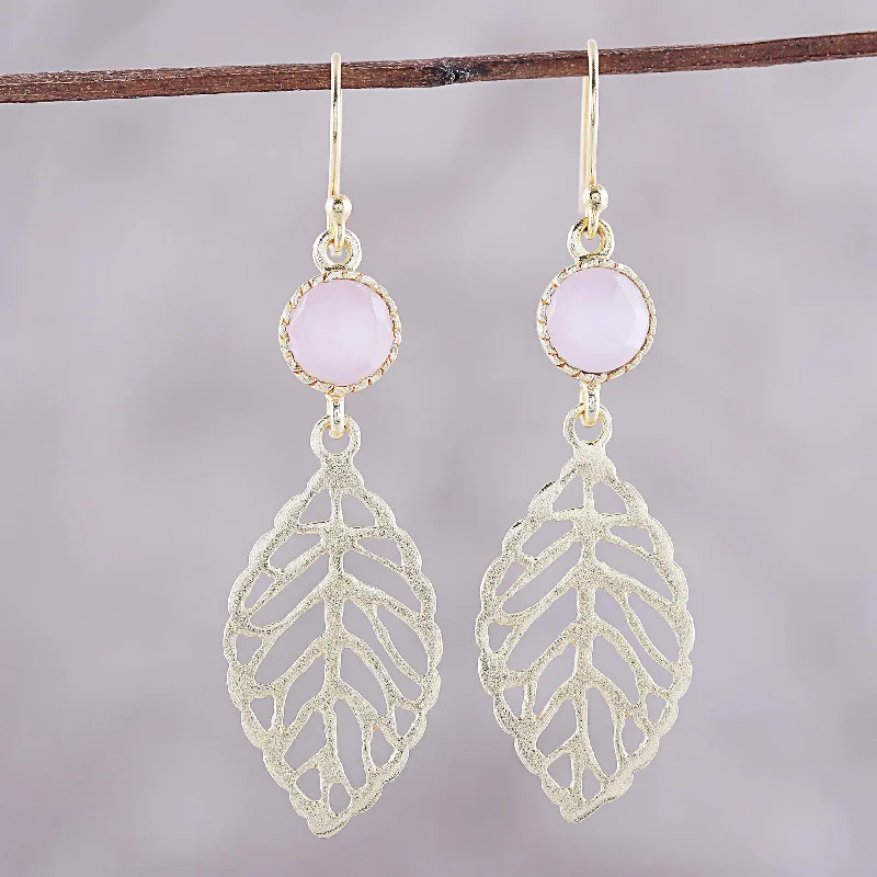 Best hoop earrings with delicate chain details for a trendy and stylish design-Jaipur Leaves Gold Plated Rose Quartz Leaf Earrings from India