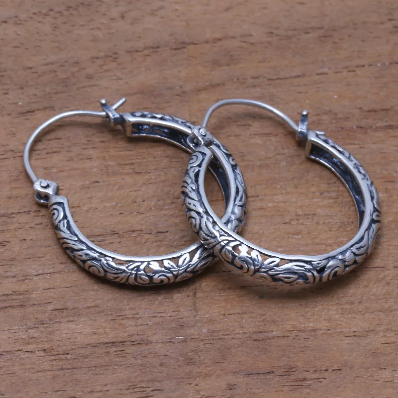 Best hoop earrings with textured silver for a rustic and organic finish-Loop Tradition Patterned Sterling Silver Hoop Earrings from Bali