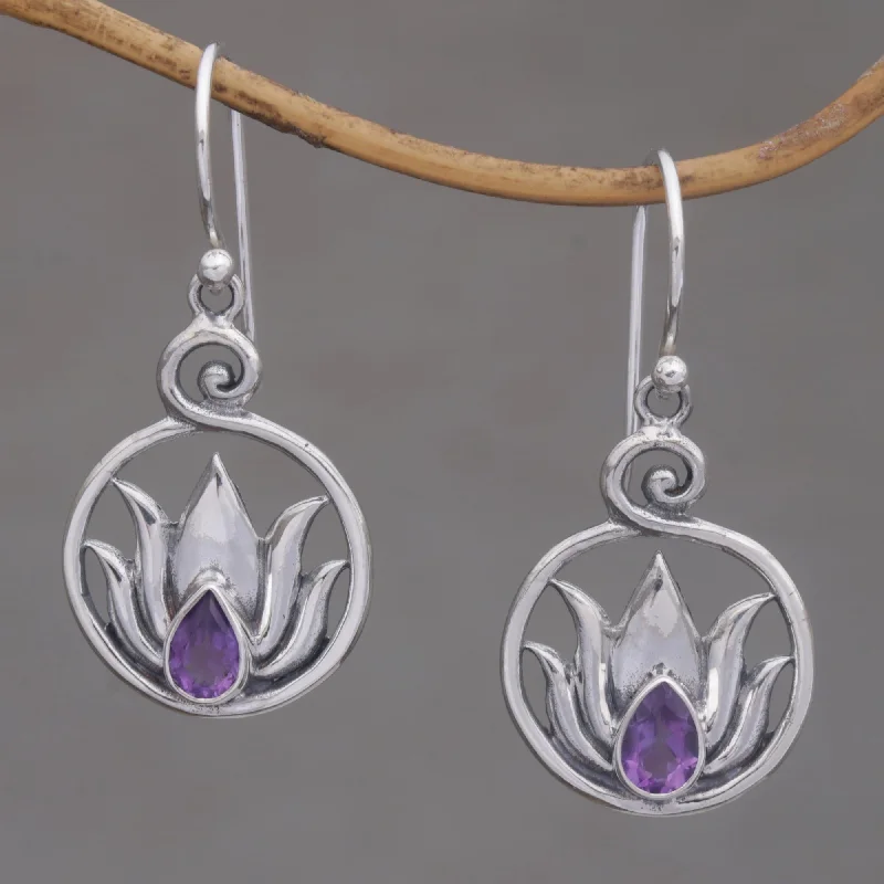 Hoop earrings with polished silver finish for a shiny, modern appeal-Lotus Soul Handmade 925 Sterling Silver Amethyst Lotus Earrings