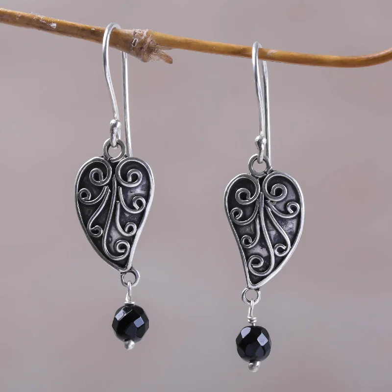 Best hoop earrings with geometric triangle shapes for a modern, chic design-Love Leaf Sterling Silver and Onyx Leaf Dangle Earrings from Bali