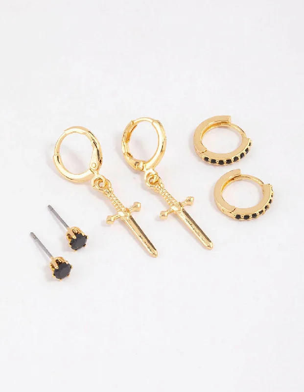 Best hoop earrings with geometric cuts for a sharp, modern appeal-Gold Plated Cubic Zirconia Dagger Huggie Earrings Pack