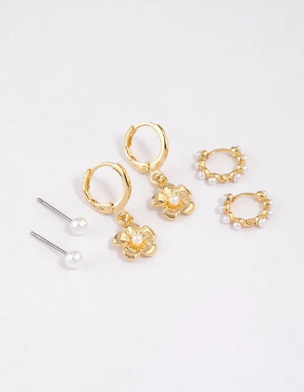 Hoop earrings with rhinestone-studded rims for a glamorous touch-Gold Plated Pearl Drop Flower Earrings 6-Pack