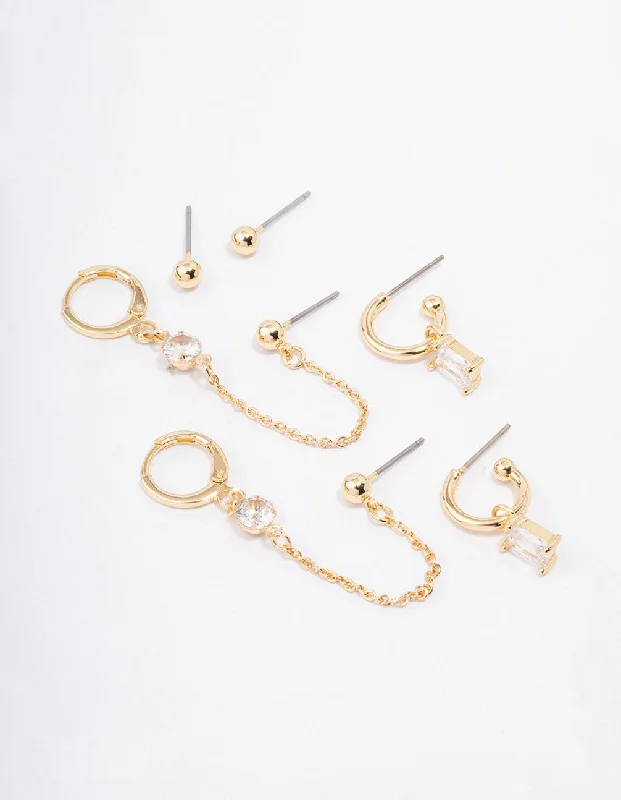 Best hoop earrings with sterling silver for an affordable and chic design-Gold Plated Baguette Hoop Chain Earring 4-Pack