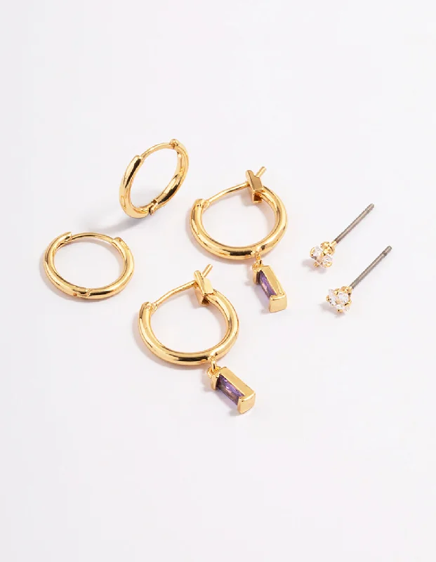 Best hoop earrings with geometric pendants for a modern, chic appeal-Gold Plated Cubic Zirconia Amethyst Cut Huggie Earrings 6-Pack