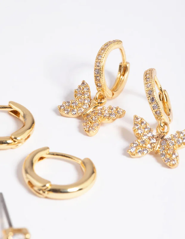 Best hoop earrings with oval shapes for a unique and elongated design-Gold Plated Cubic Zirconia Butterfly Earring Stack 6-Pack