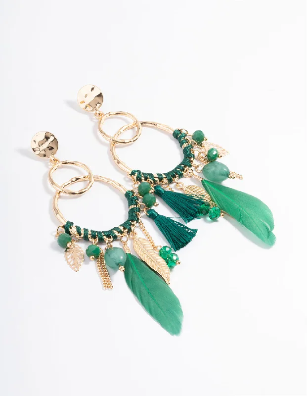 Hoop earrings with tortoiseshell designs for a chic and classic style-Gold Thread Bead Green Feather Earrings