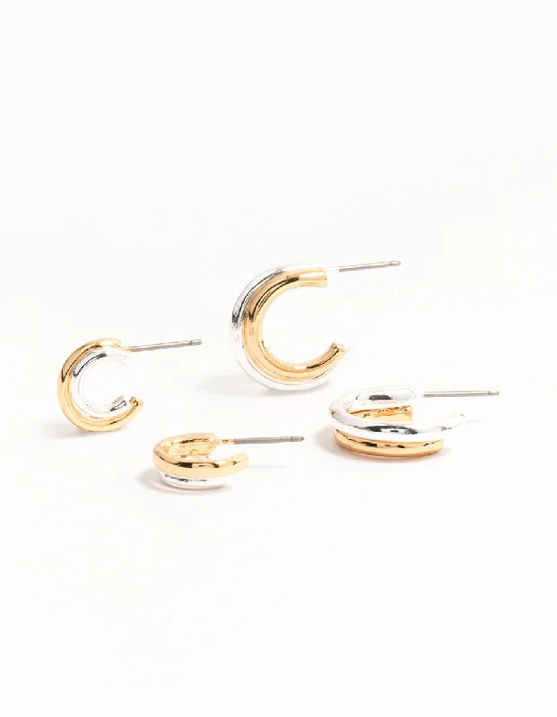 Best hoop earrings with detachable studs for a versatile and adjustable accessory-Mixed Metals Silver & Gold Plated Huggie Hoop Earrings 2-Pack