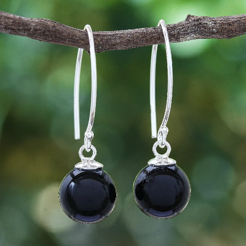 Hoop earrings with polished silver finish for a shiny, modern appeal-Mood at Midnight Black Onyx Bead Sterling Silver Dangle Earrings