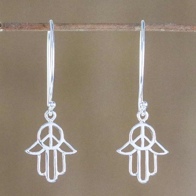 Hoop earrings with circle designs for a classic and timeless shape-Peaceful Hamsa Sterling Silver Hamsa Peace Sign Earrings from Thailand