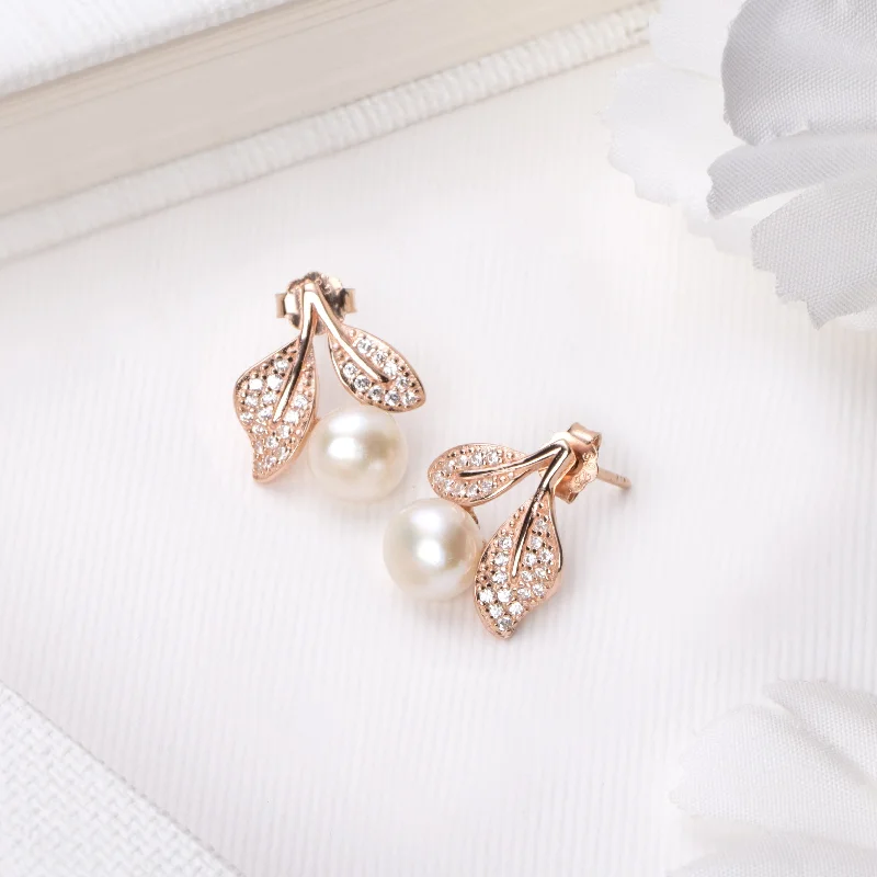 Hoop earrings with textured finishes for a vintage and classic style-Pearl Elegance Rose Gold-Plated CZ & Freshwater Pearl 925 Sterling Silver Earrings