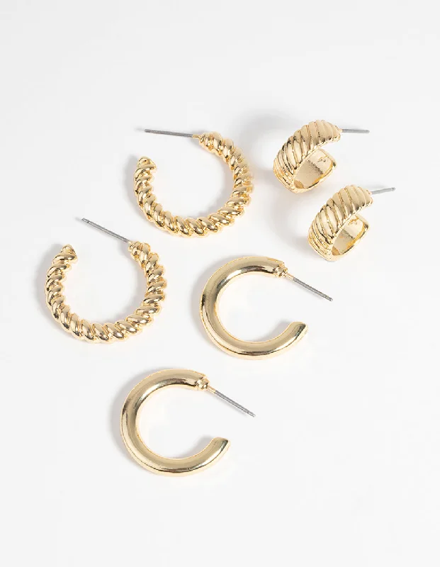 Hoop earrings with hammered textures for a boho-chic and rustic vibe-Gold Plated Twisted Hoop Earring Pack