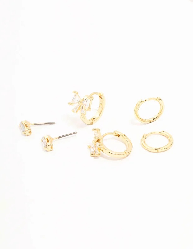 Classic hoop earrings with a thin profile for a sleek and subtle style-Gold Plated Cubic Zirconia Bow Huggie Earrings 3-Pack