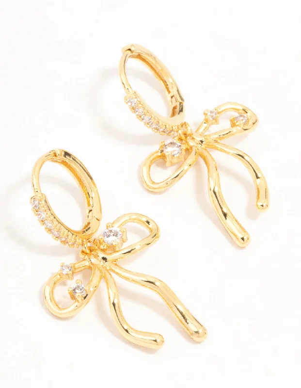 Best hoop earrings with vintage-style detailing for a nostalgic and timeless look-Gold Plated Cubic Zirconia Speckled Bow Huggie Earrings