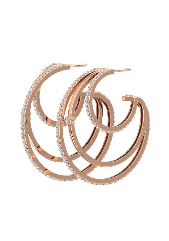 Hoop earrings with abstract wirework for an artistic, unique look-Triple Line 18K Rosegold Hoops w. Lab-Grown Diamonds