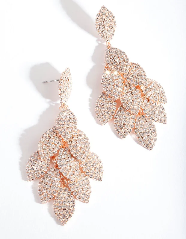 Best hoop earrings with snake-inspired designs for an edgy and fierce vibe-Rose Gold Diamante Multi Leaf Earrings