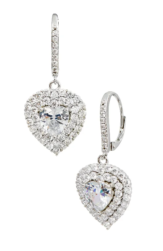 Hoop earrings with diamond-cut surfaces for added sparkle and shine-Rhod. Plated White Cz Dangle Heart Earrings