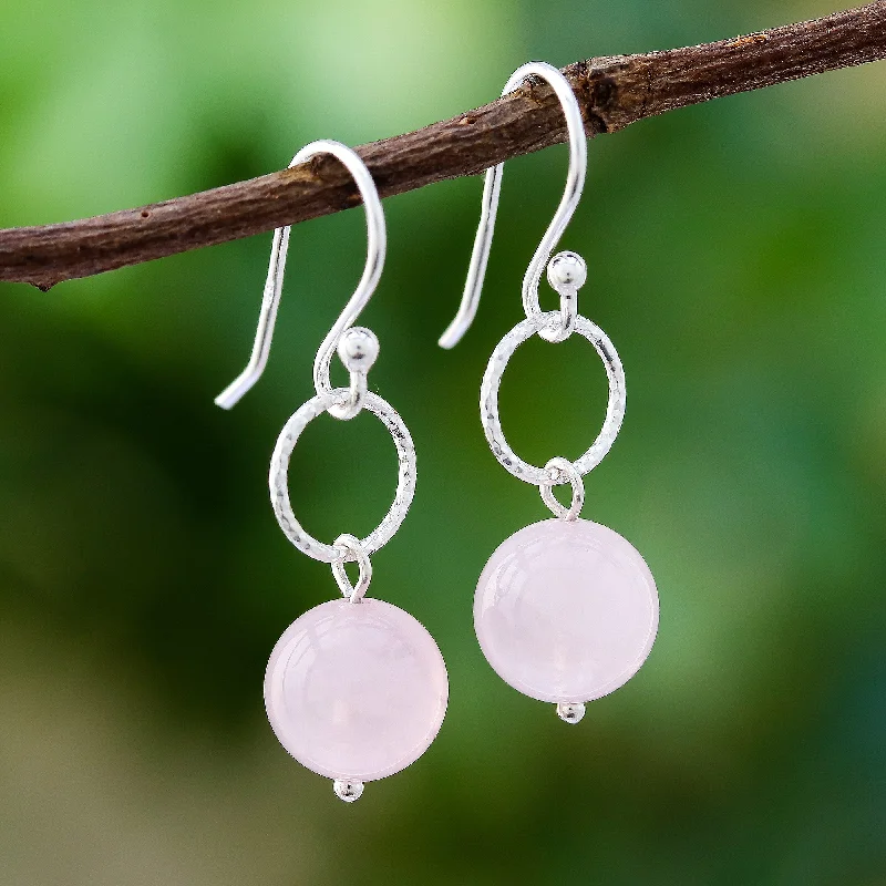 Best hoop earrings with butterfly motifs for a playful and whimsical appearance-Ring Shimmer Round Rose Quartz Dangle Earrings Crafted in Thailand