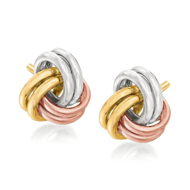 Hoop earrings with intricate designs for a unique and artistic appearance-Ross-Simons 14kt Tri-Colored Gold Love Knot Earrings