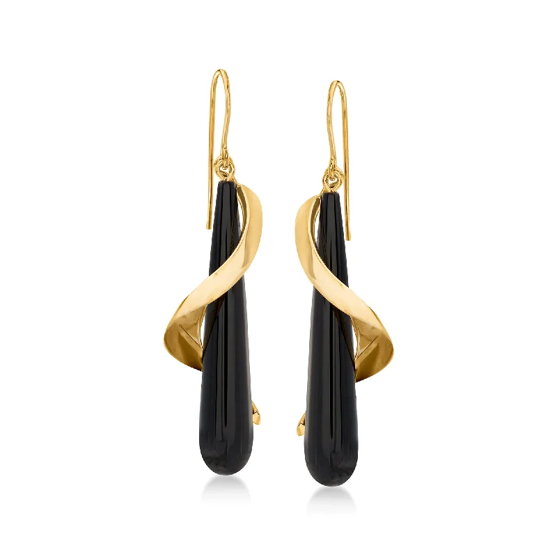 Lightweight hoop earrings for comfortable and all-day wear-Ross-Simons Elongated Black Onyx Teardrop Spiral Earrings in 14kt Yellow Gold