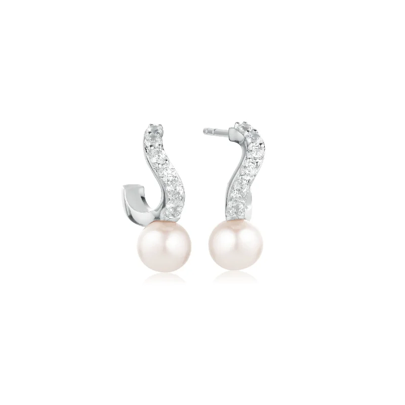 Hoop earrings with oversized designs for a bold, fashion-forward statement-Ponza Small Silver Creols w. Zirconias & Pearl