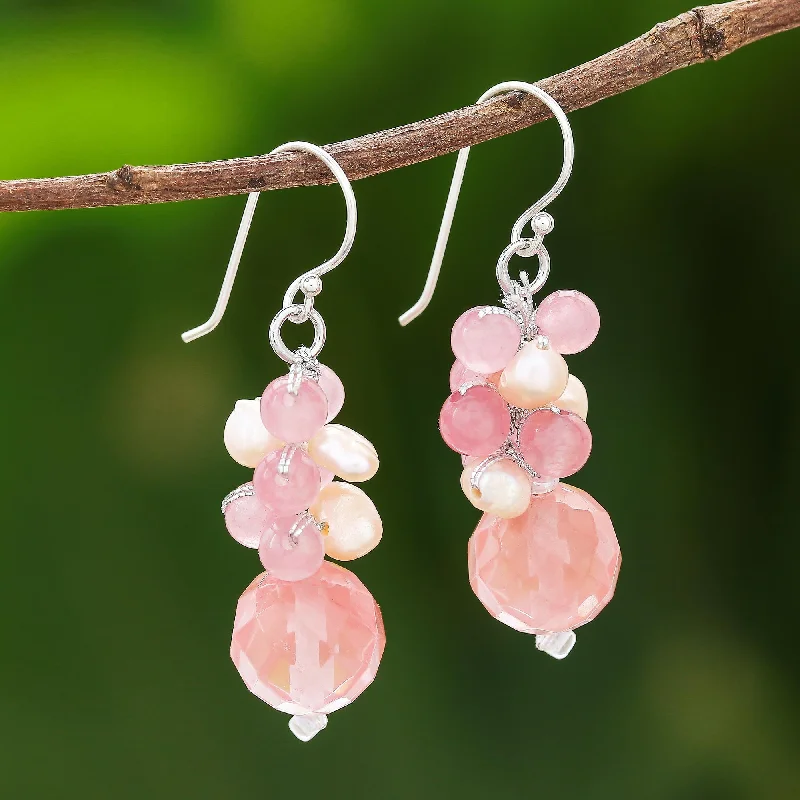 Best hoop earrings with sterling silver for an affordable and chic design-Soft Pink Love Pink Quartz and Cultured Pearl Beaded Dangle Earrings