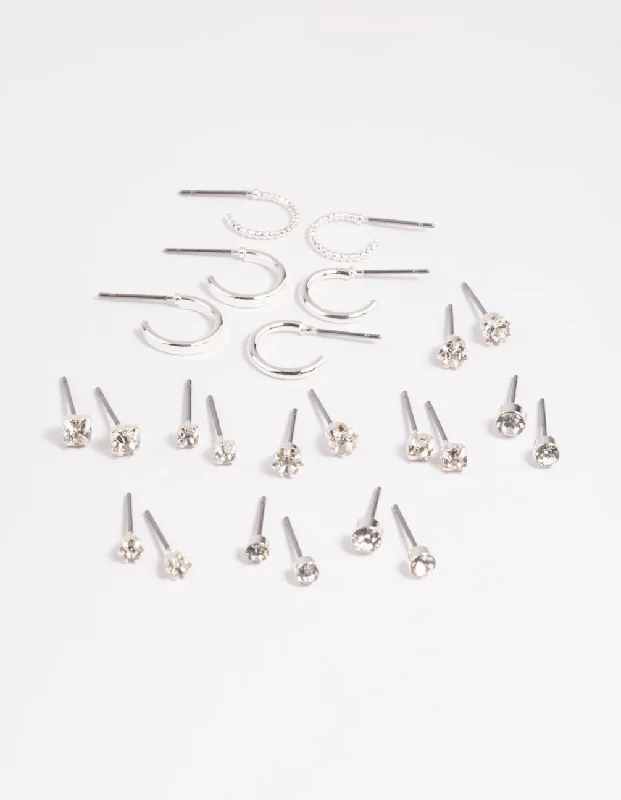 Hoop earrings with circle designs for a classic and timeless shape-Silver Diamante Stud & Hoop Earring 12-Pack