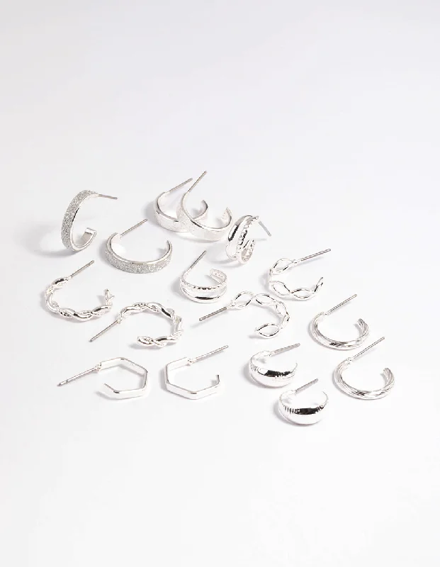 Best hoop earrings with geometric pendants for a modern, chic appeal-Silver Textured Glitter Hoop Earring 8-Pack